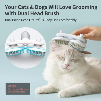 Double-headed negative ion pet brush with self-cleaning feature in pink, blue, and grey