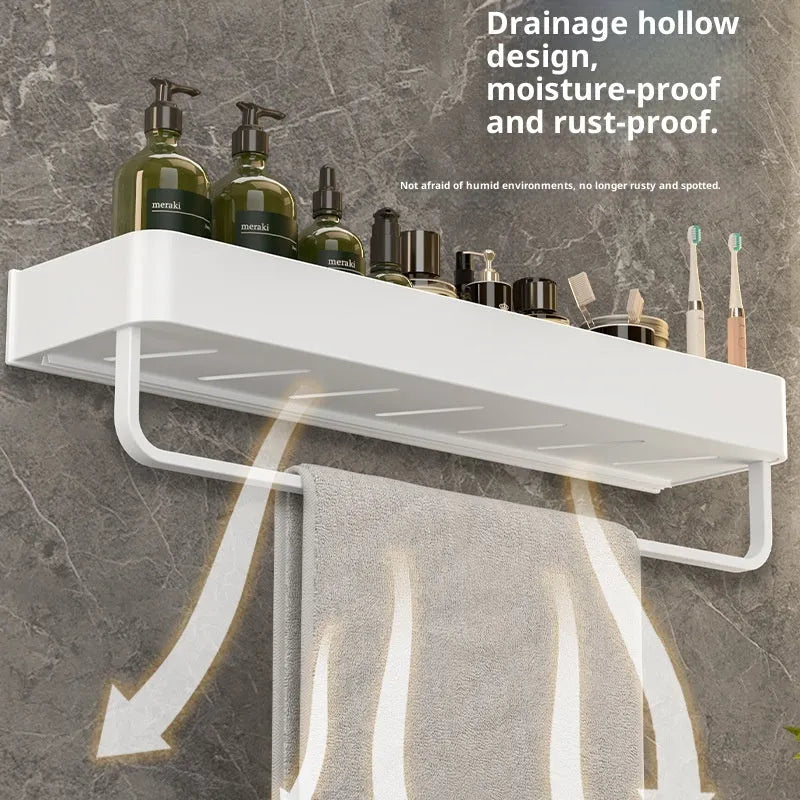White 30cm aluminium alloy bathroom storage rack with punch-free or drilled wall hanging fitting and single layer