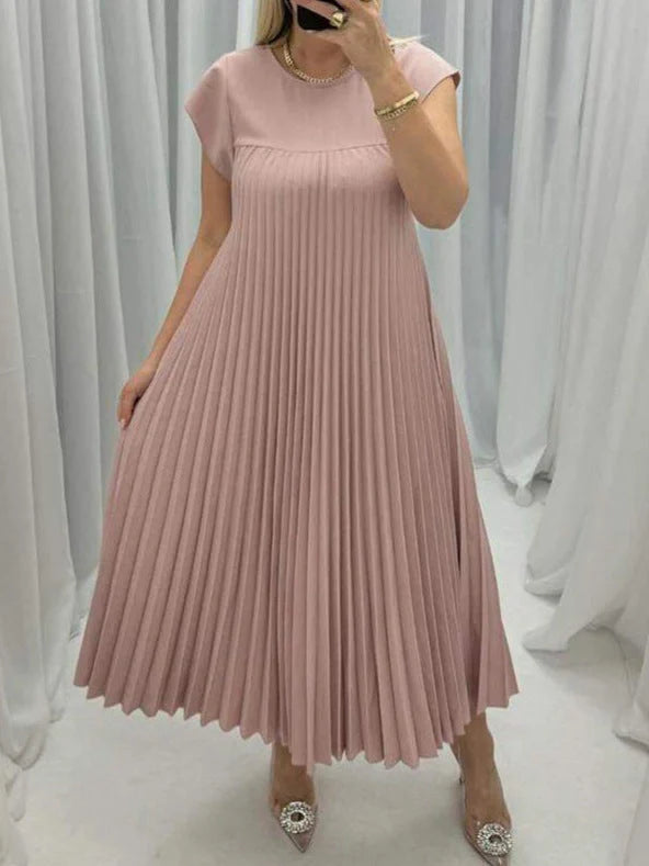 Women's summer long dress with pleated detail and round neck in various colors