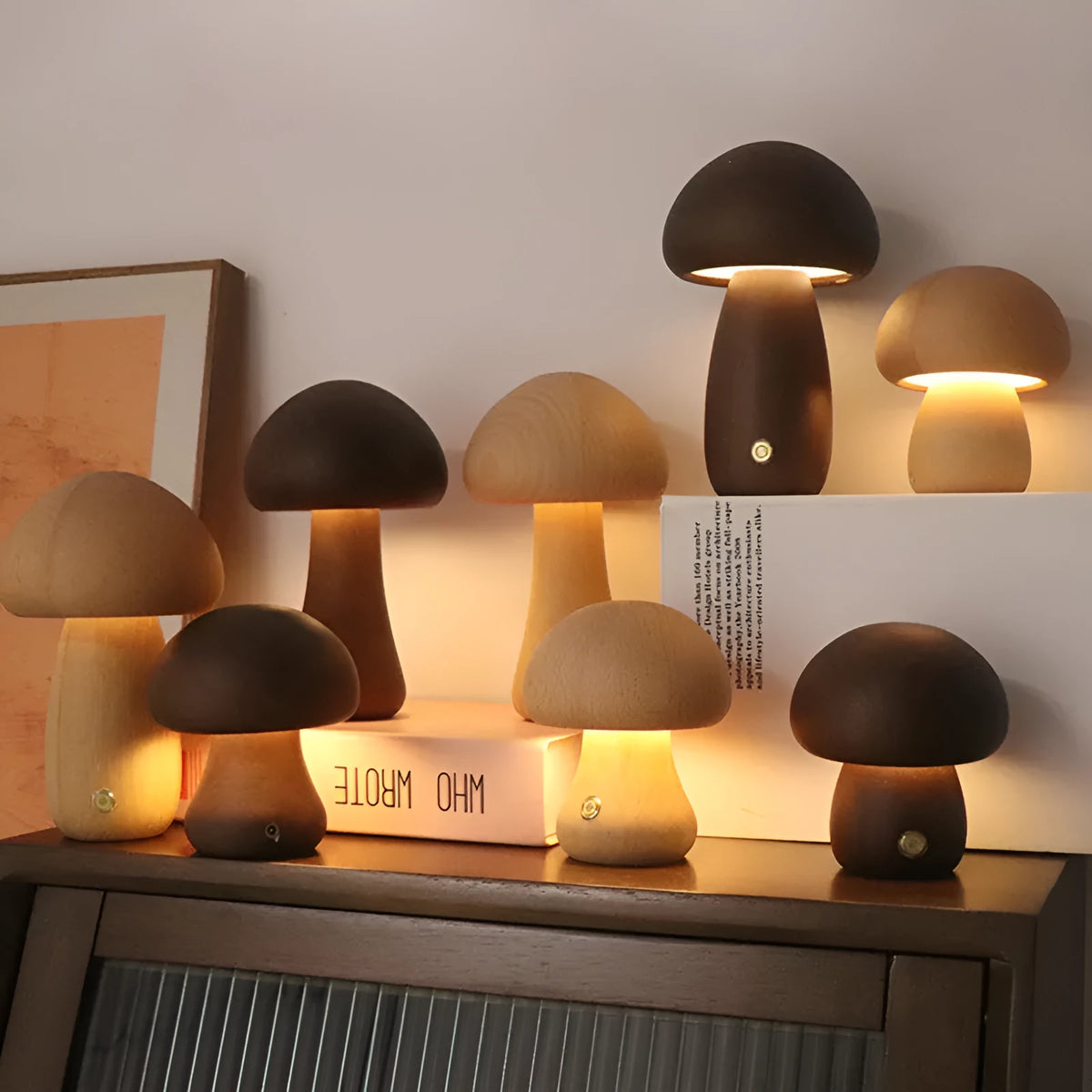 Wooden mushroom LED night light with touch switch, 165 x 100mm, in beech or walnut colour for bedside table use