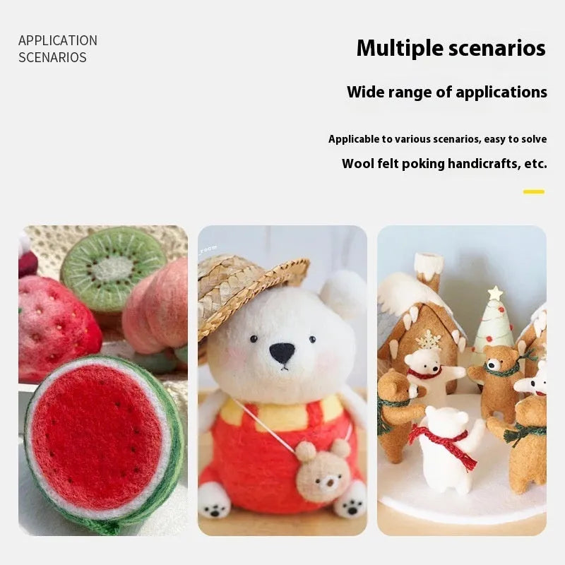 Wool felt stamp pin handicraft tool with oil-free needles in 9.0cm, 8.6cm and 7.8cm lengths and multiple needle types