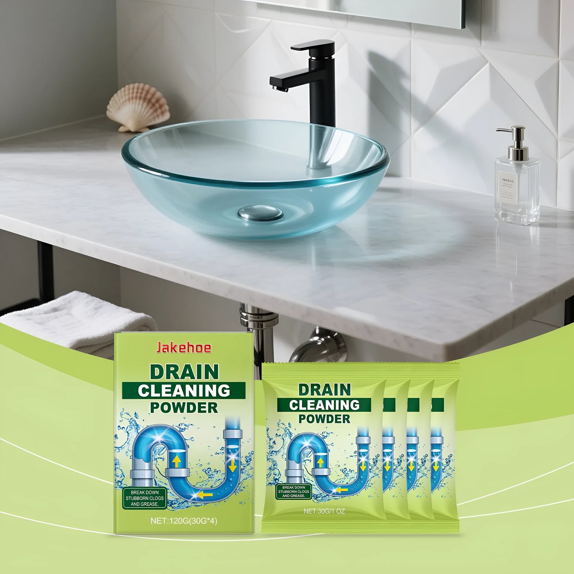 120g container of white drain cleaning powder for unblocking sinks and showers