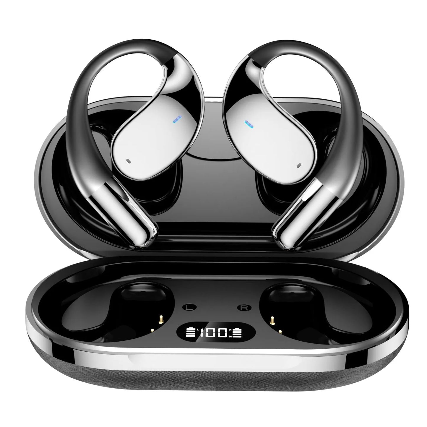 Black hanging ear Bluetooth earphones showing ear-mounted sports design with plastic aluminium alloy construction