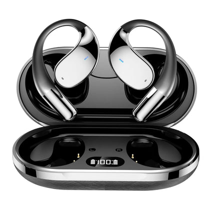 Black hanging ear Bluetooth earphones showing ear-mounted sports design with plastic aluminium alloy construction