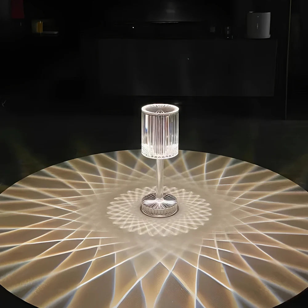 Transparent diamond crystal rechargeable table lamp with three-colour touch switch, ≤36V, for bedroom bedside ambience