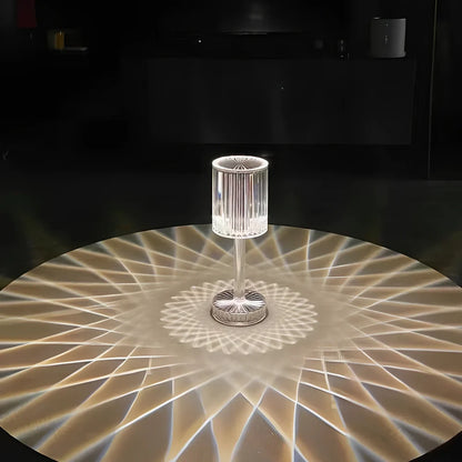 Transparent diamond crystal rechargeable table lamp with three-colour touch switch, ≤36V, for bedroom bedside ambience