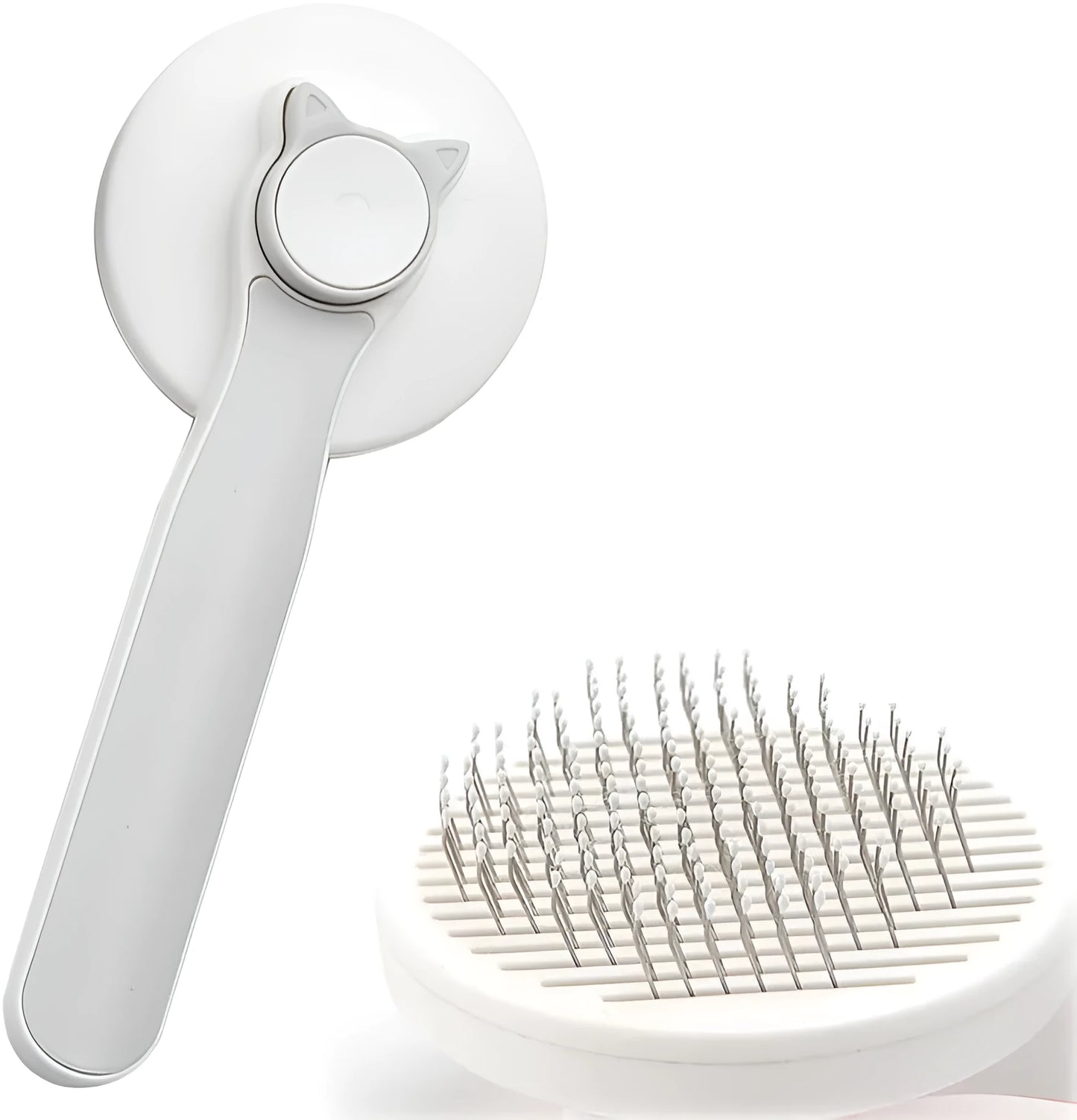Self-cleaning cat brush with blue handle and metal needles for grooming pets