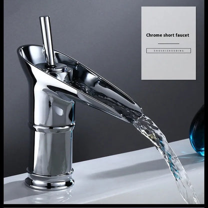 Brass basin faucet with a wine glass shaped spout in a choice of black, gold, or silver finish.