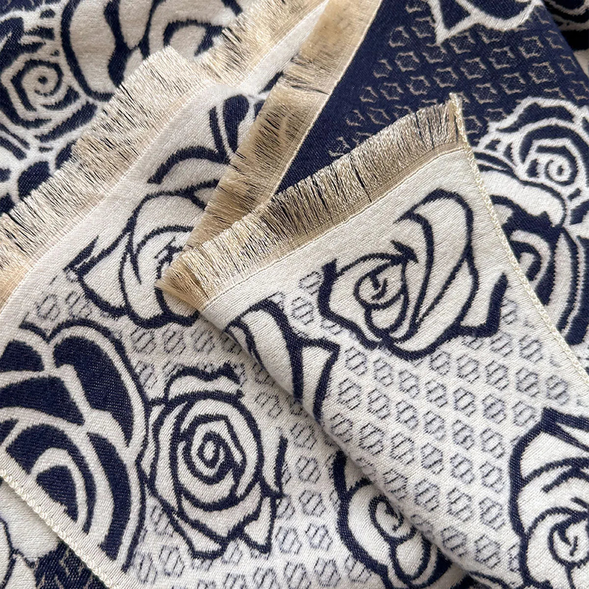 Imitation cashmere scarf with tassel fringe in grey, black, blue, or khaki colours measuring 185x65cm