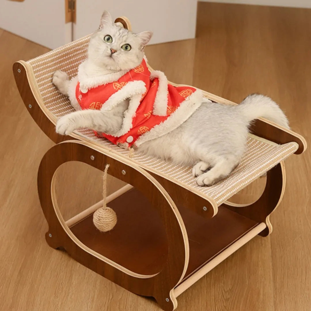 Solid wood cat bed with sisal scratching surface measuring 45cm by 30cm in walnut colour finish