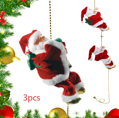 Electric plastic Santa Claus on 30cm climbing ladder with riding deer, in red suit, for Christmas decorations