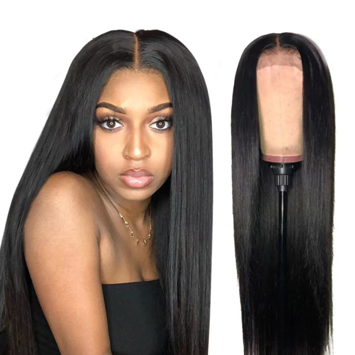 Front lace wig with hand-woven high temperature fiber, 26 inches long, black, for women