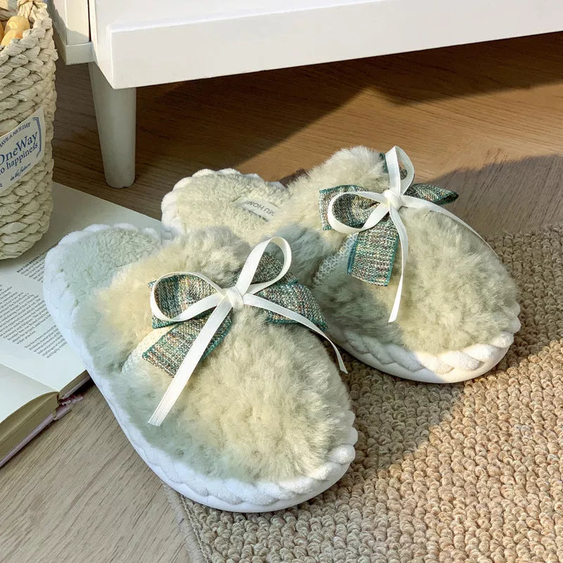 Women's bow tie cotton slippers with plush interior in beige, green, and khaki