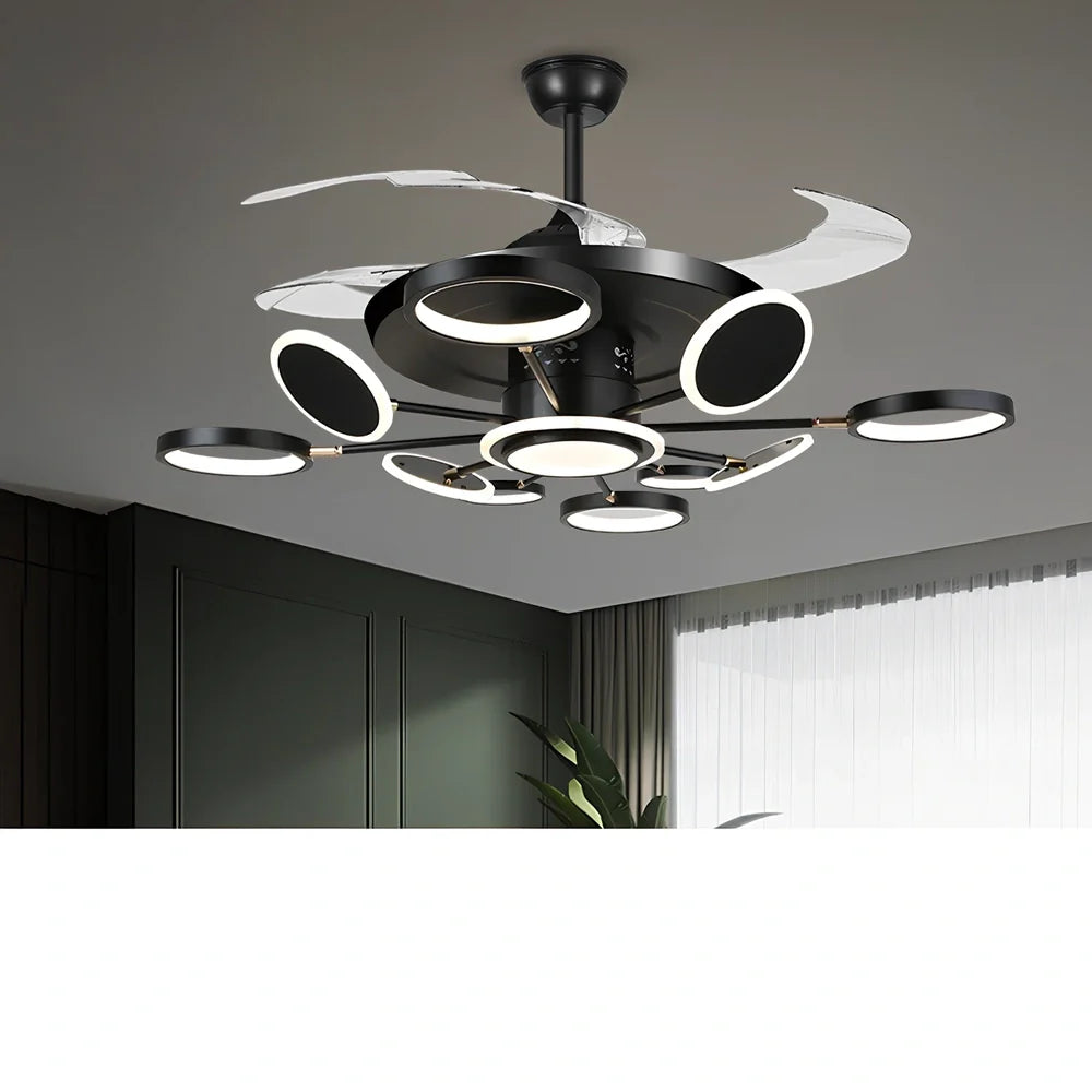 Nordic ceiling fan with 106cm blades and integrated LED light in black finish with remote control