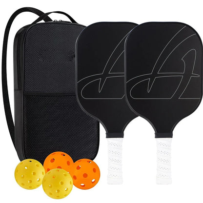 Peak Racket fibreglass squash set showing two rackets and four balls for complete playing equipment