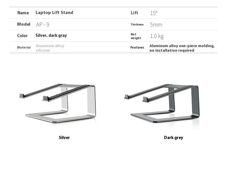 Black aluminium alloy laptop stand raising a laptop for ergonomic desktop use
