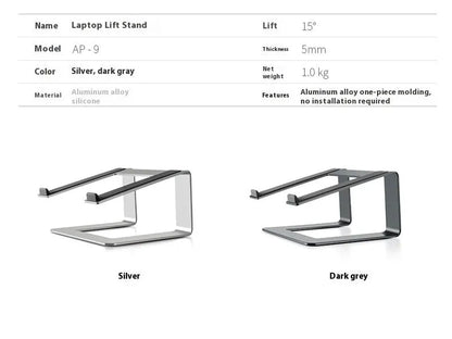 Black aluminium alloy laptop stand raising a laptop for ergonomic desktop use