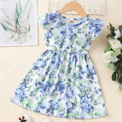 Girl's flounced sleeve dress with A-line skirt in polyester, available in multiple colours for ages 1-6 years