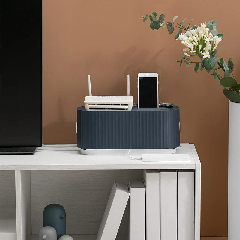 Cloud Power Storage Box in blue, organizing cables and power strips with dust protection