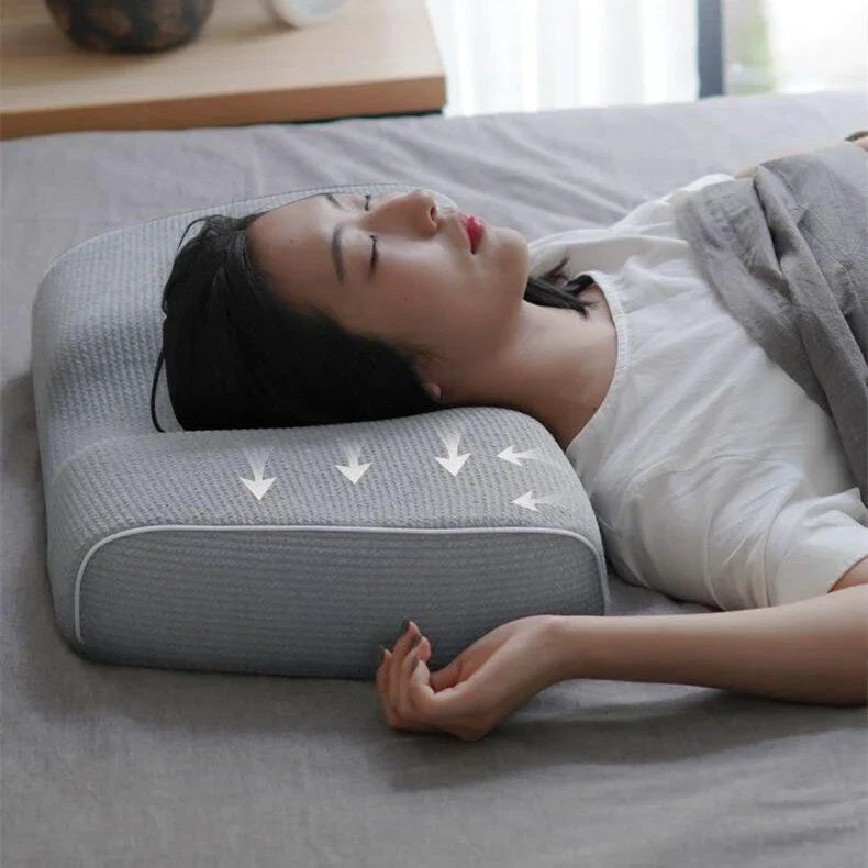Premium memory foam neck massage pillow with adjustable loft and breathable knitted cotton cover for comfortable, pain-relieving sleep