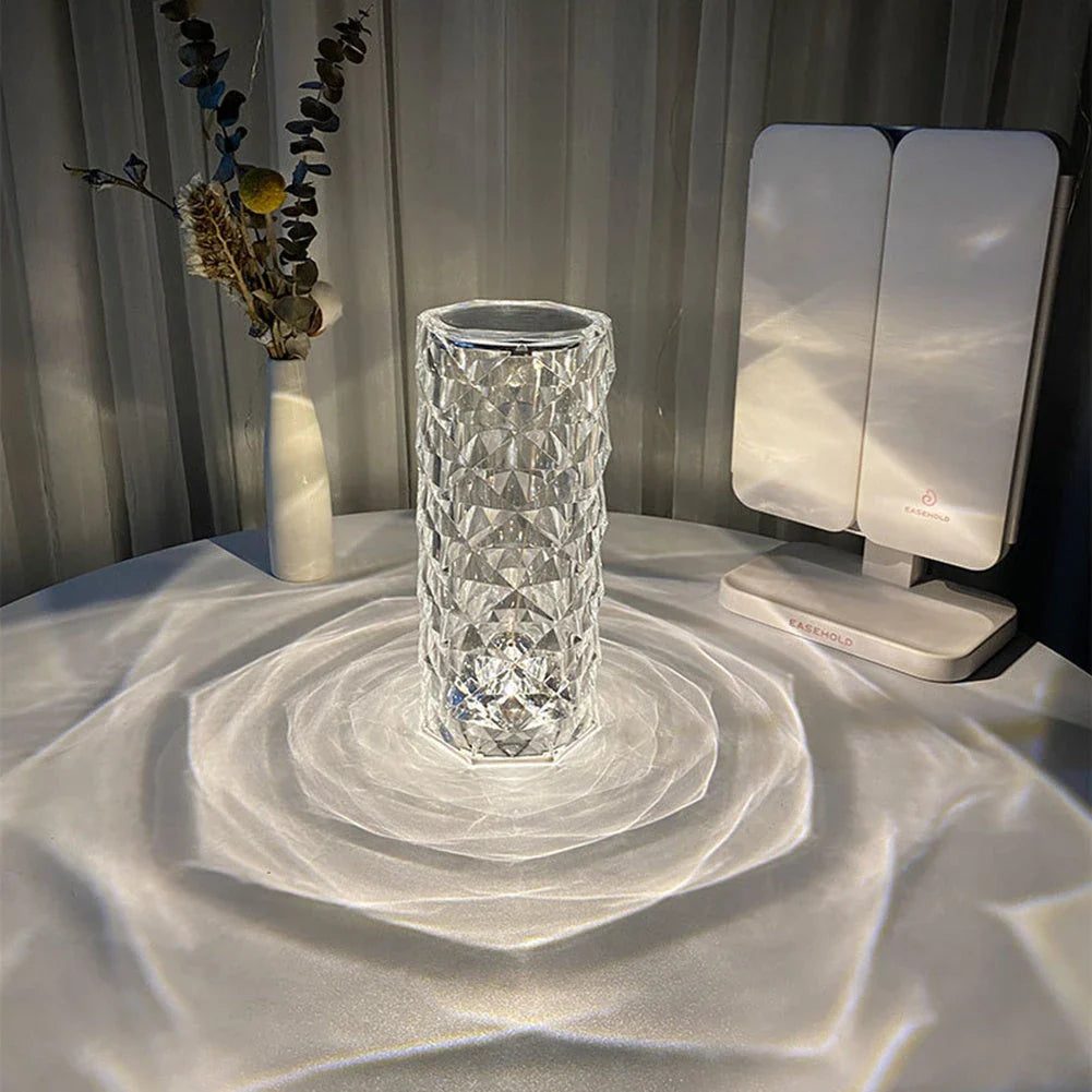 Elegant crystal desk lamp with adjustable LED lighting and touch-sensitive controls for a customizable, soothing ambiance