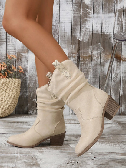Women's mid-calf suede boots with leather stitching, 3-5cm short stout heel, in milky white or lotus root colour, sizes 36-42