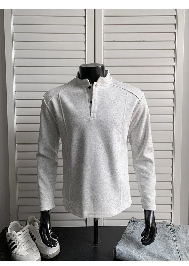 Men's asymmetric stand-up collar polo shirt with patchwork shoulders in Chinese cotton, available in three colours and seven sizes