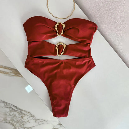 Women's solid colour one-piece swimsuit in black, brown, or red with nylon spandex lining, sizes S M L