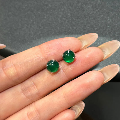 S925 sterling silver stud earrings with green chalcedony, platinum colour finish, geometric round shape, for women