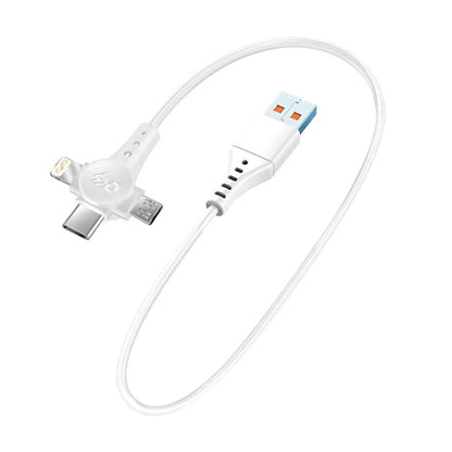 Black spring telescopic data cable with Lightning, Micro USB and Type-C connectors extended to show length