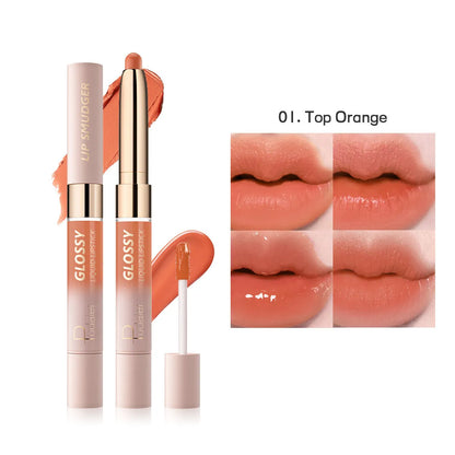 Double-headed lipstick and lip gloss case showing two applicators in 10 colour shades