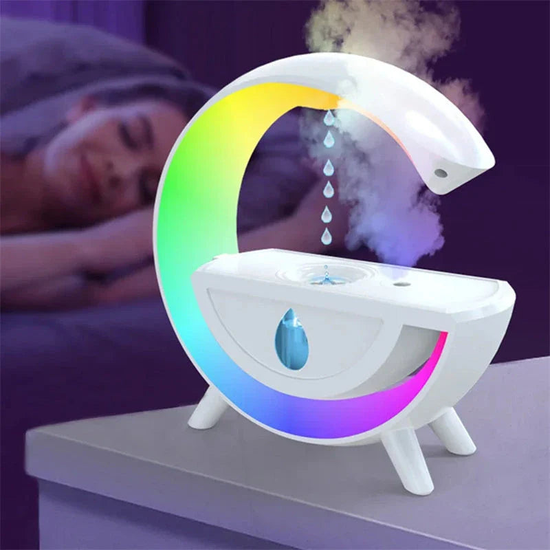 Anti-gravity air humidifier with LED lighting in white color, featuring water droplet animation and multi-color illumination