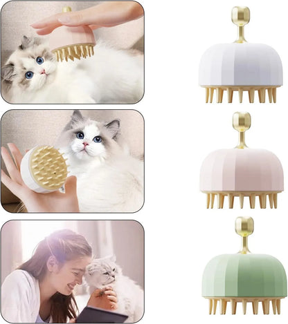 Green silicone pet bath brush with soft fingers and drain holes for washing dogs and cats