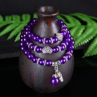 Purple chalcedony natural crystal bracelet with three-circle ethnic design on elastic cord