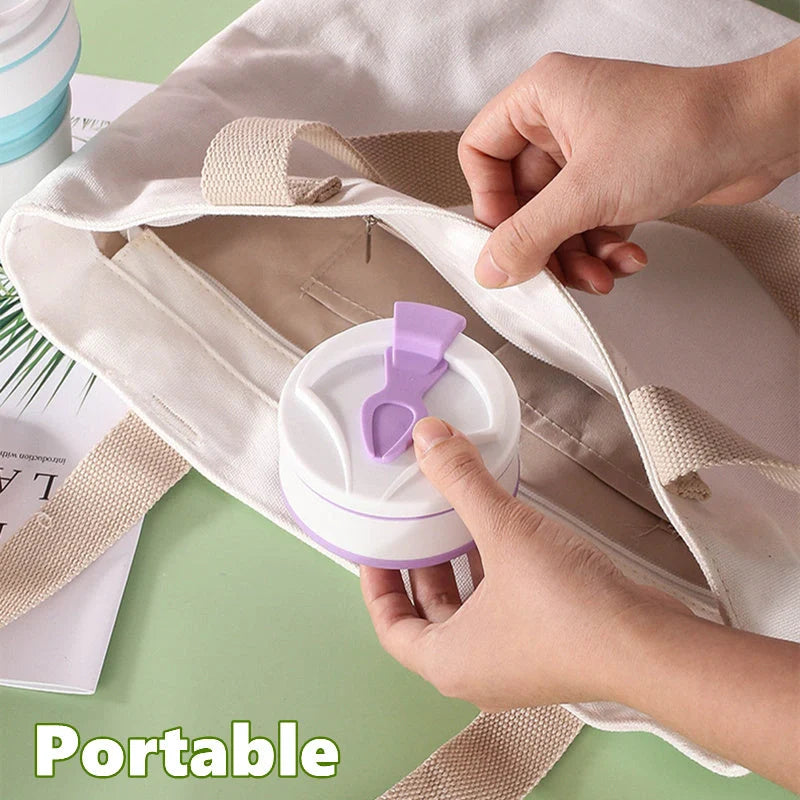 Collapsible silicone travel mug with leak-proof cover in various colors