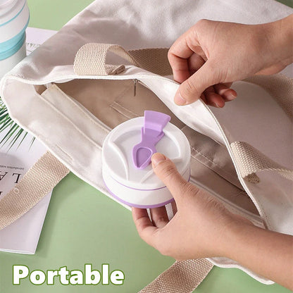 Collapsible silicone travel mug with leak-proof cover in various colors