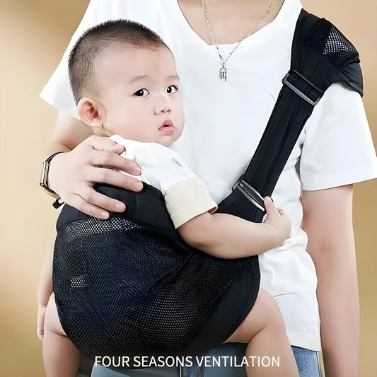 Cloth fabric baby waist stool carrier for hands-free carrying of infants and children.