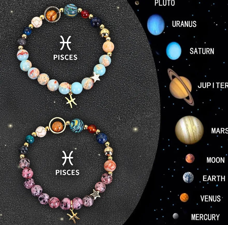 Twelve Zodiac Sign natural stone beaded bracelets with adjustable 20-24cm length showing distinct astrological designs