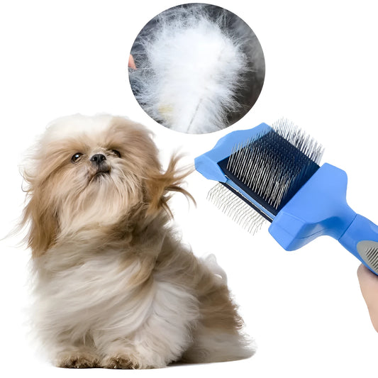 A blue double-sided pet grooming brush with stainless steel pins and a non-slip handle.
