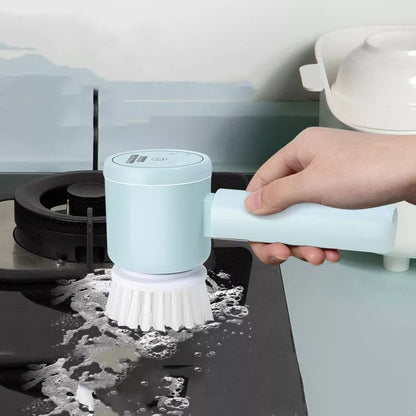 Foldable electric cleaning brush with three interchangeable heads in green, white, and yellow colors