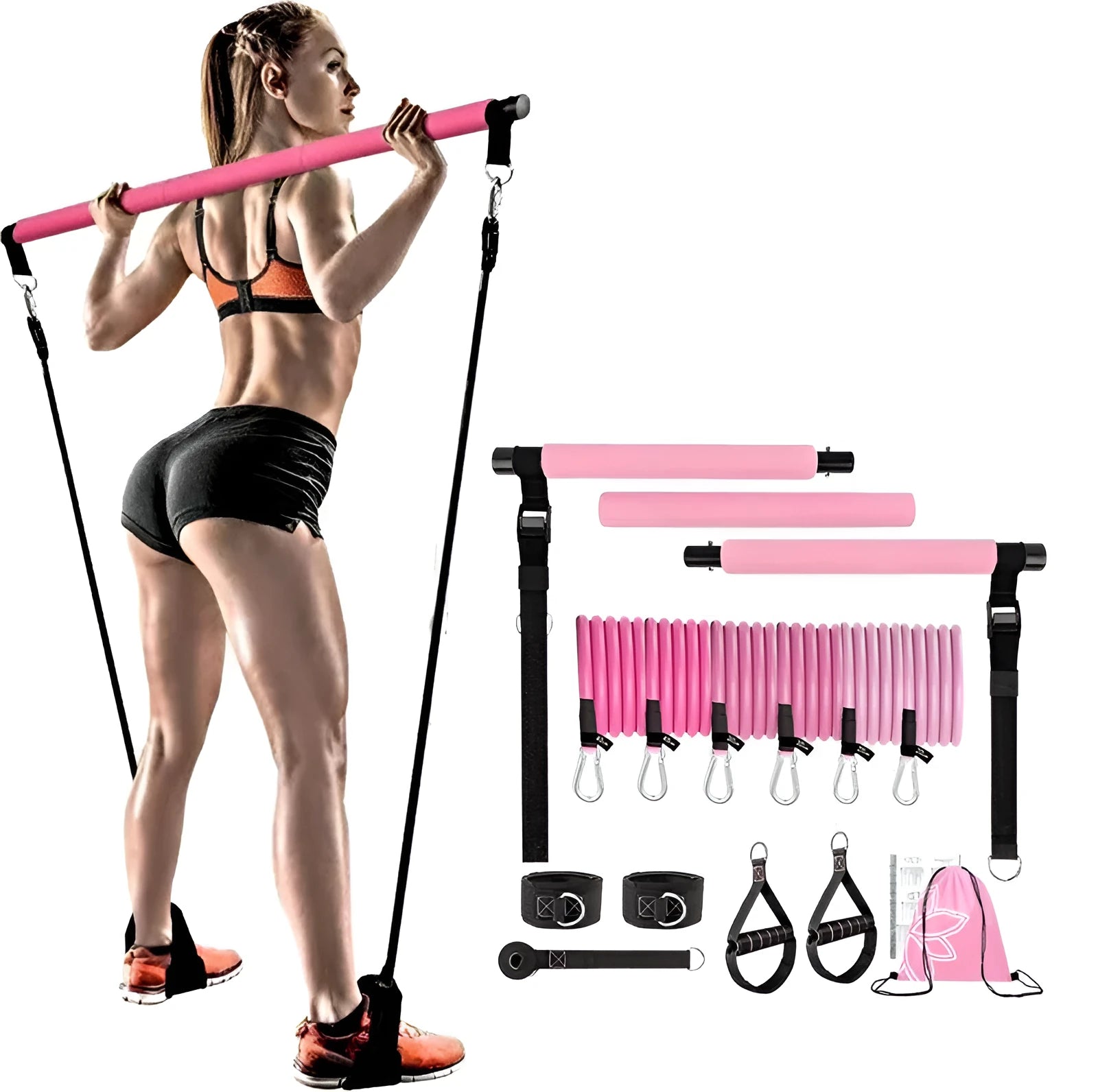 TPE rope stretch fitness stick 11-piece set in pink, purple, and black colours with adjustable resistance