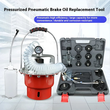 Pneumatic brake fluid replacement machine with large tank, pressure gauge, regulator, and transparent drain pipe.