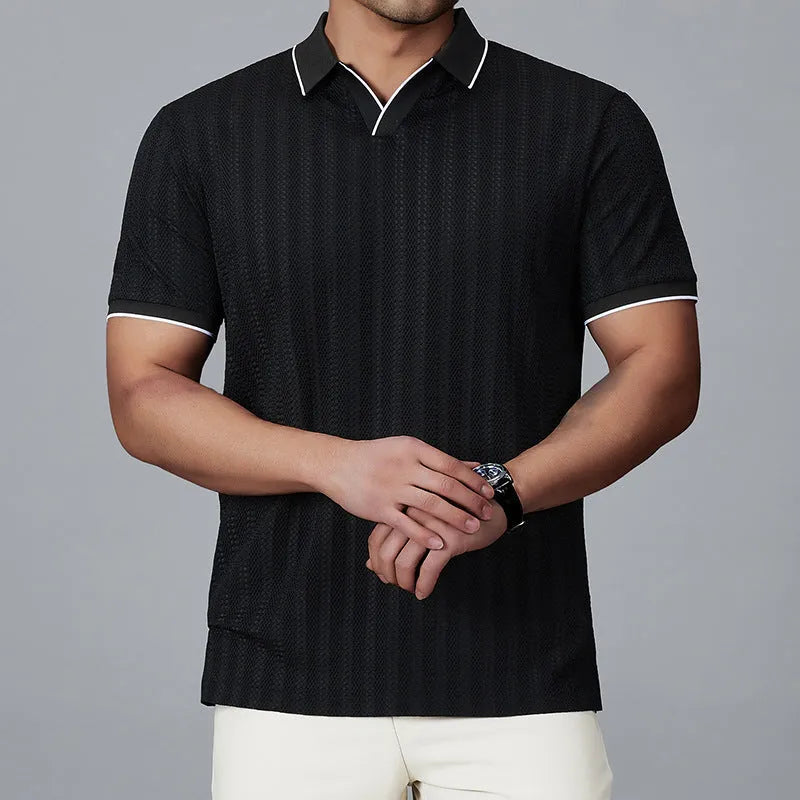 Men's loose fit short-sleeved polo shirt in ice silk nylon available in white, black, and orange colours