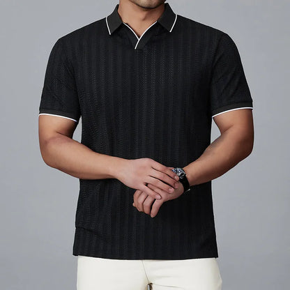 Men's loose fit short-sleeved polo shirt in ice silk nylon available in white, black, and orange colours