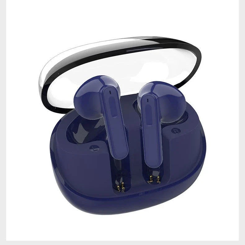 Wireless Bluetooth headset with transparent case, showcasing its sleek and compact design