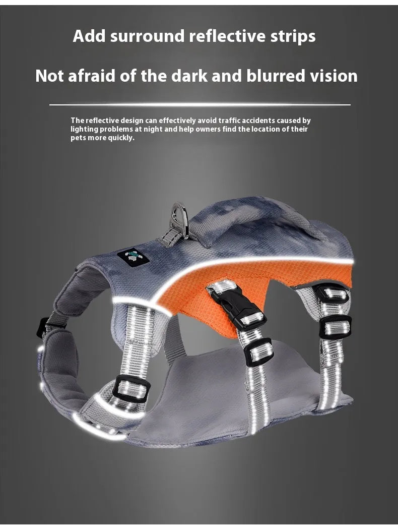 Reflective pet cooling chest strap in light blue, adjustable for dogs, with reflective strips for safety.