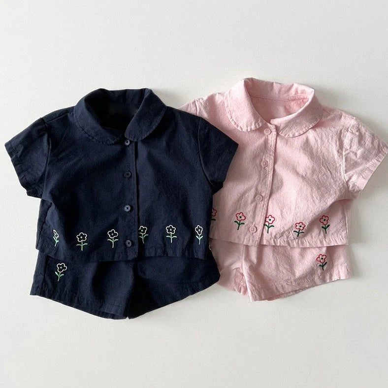 Children's floral shorts set in pink with short sleeves and matching shorts