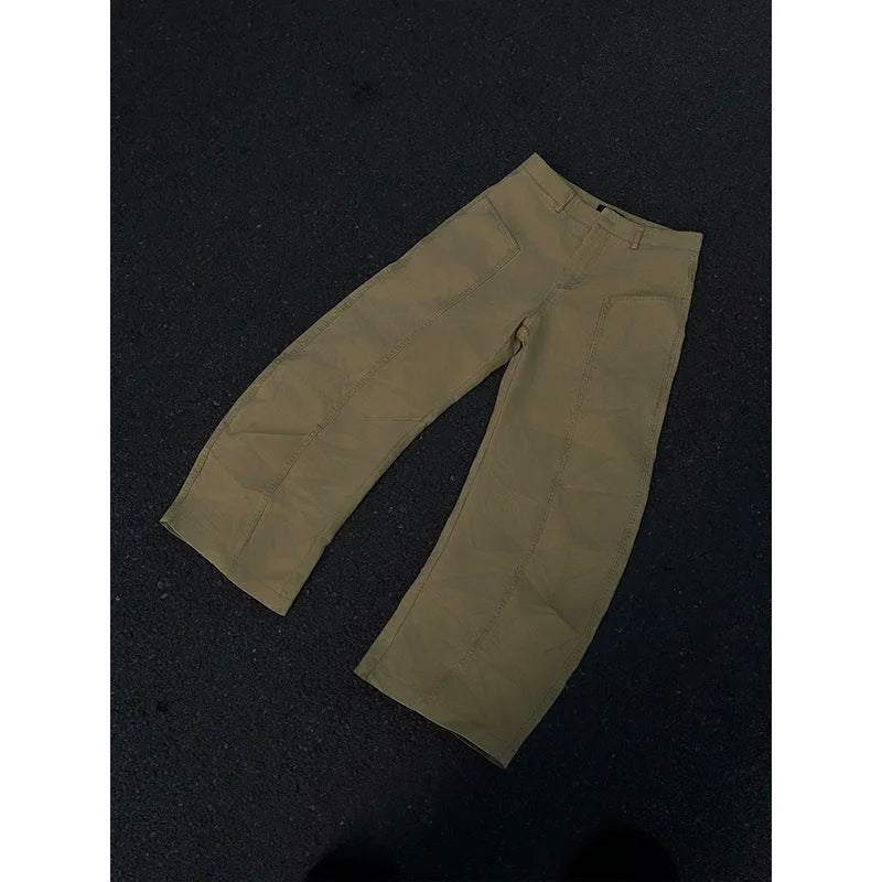 Men's khaki straight leg cotton trousers showing American retro casual styling