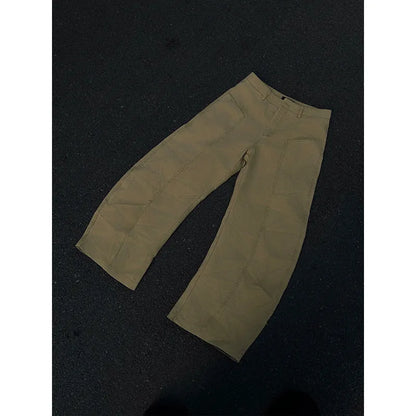 Men's khaki straight leg cotton trousers showing American retro casual styling