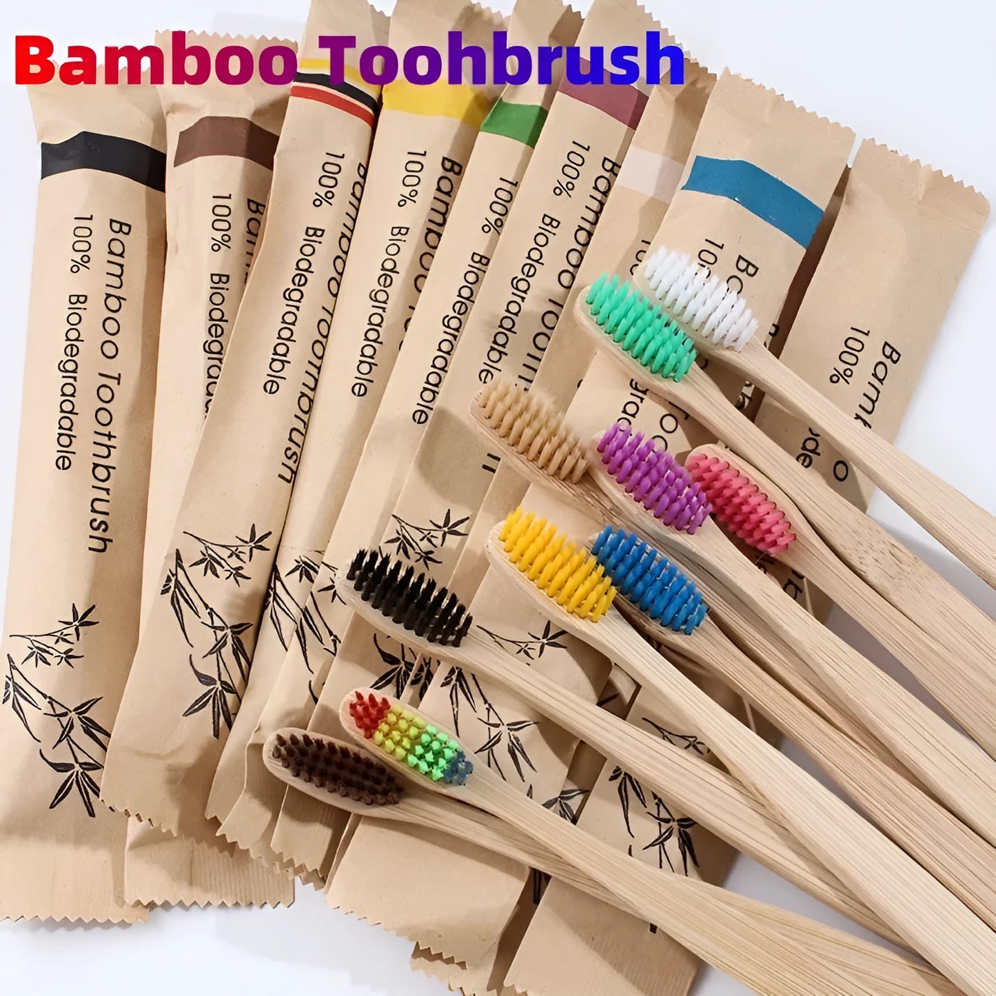 10 bamboo toothbrushes with charcoal bristles in multiple colours including green, purple, yellow, white, grey and black